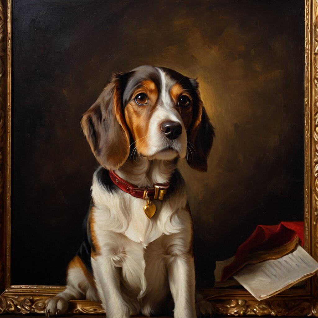 The same beagle as an oil painting portrait