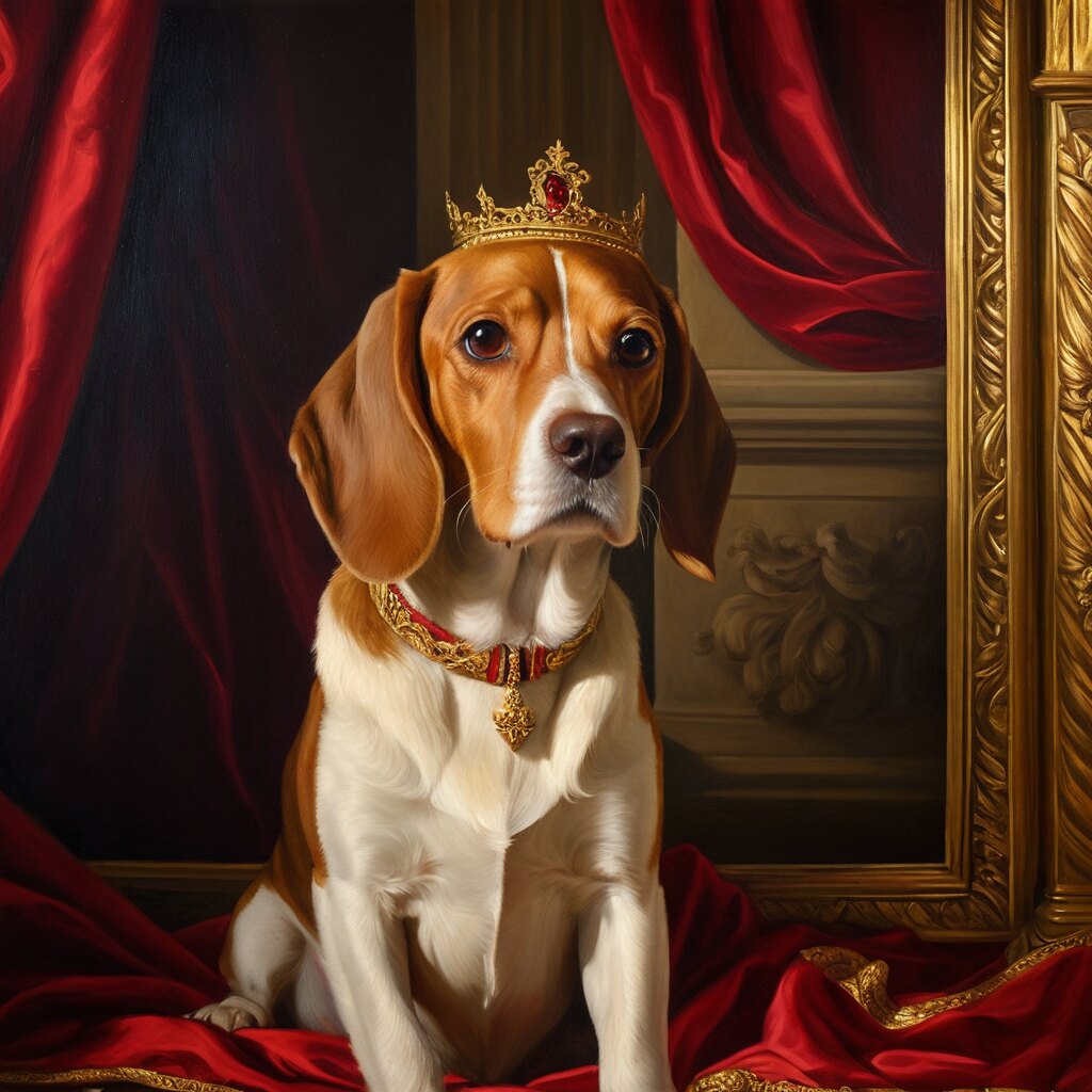 A beagle transformed into a Renaissance royal portrait